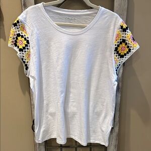 CHARLIE B White Tee with Crochet Floral Cap Sleeves